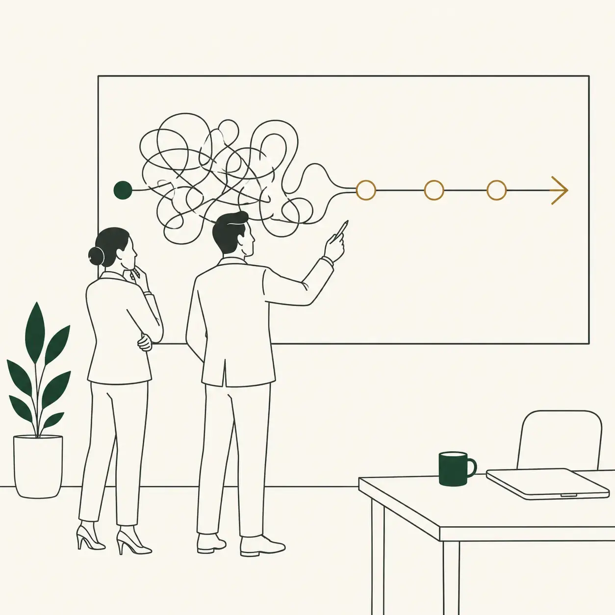 Two consultants at a whiteboard turning a tangled problem into a clear, ordered path forward